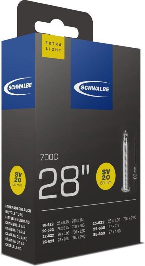 CHAMBRE A AIR VELO 700C (18/25-622) VP 80 MM SCHWALBE EXTRA LIGHT SV20
